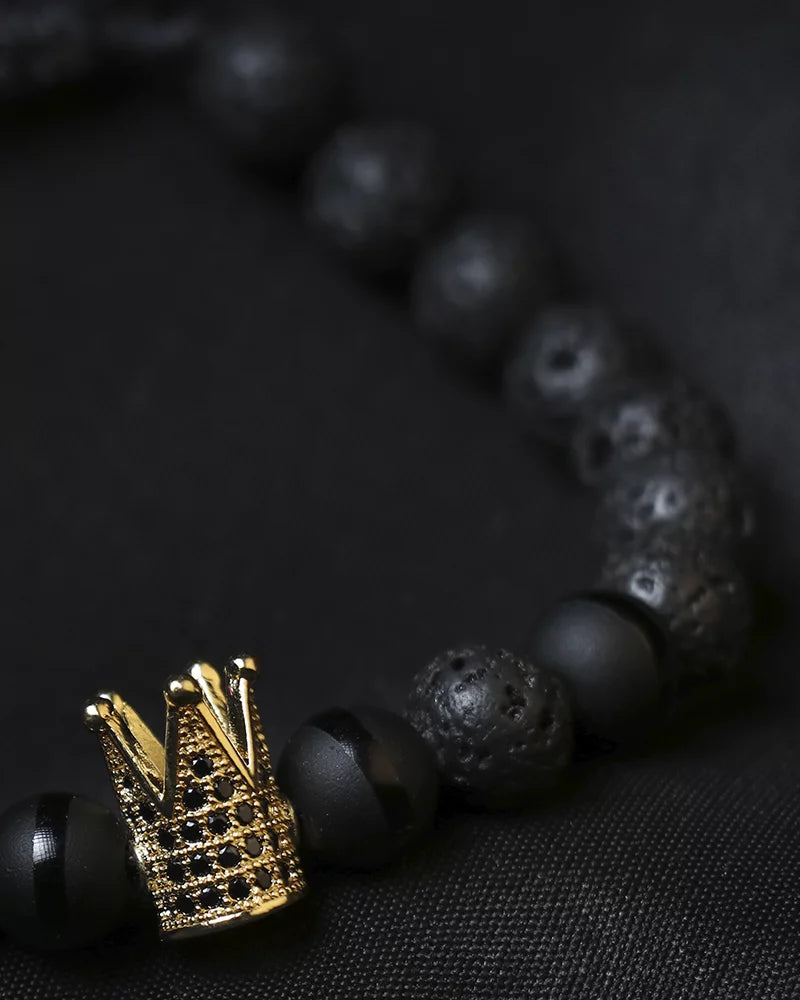 By Fabrizio Design Cagliari Adjustable Bracelet in Matte Onyx, Crown Charm, and Silver Volcanic Rock for Men & Women