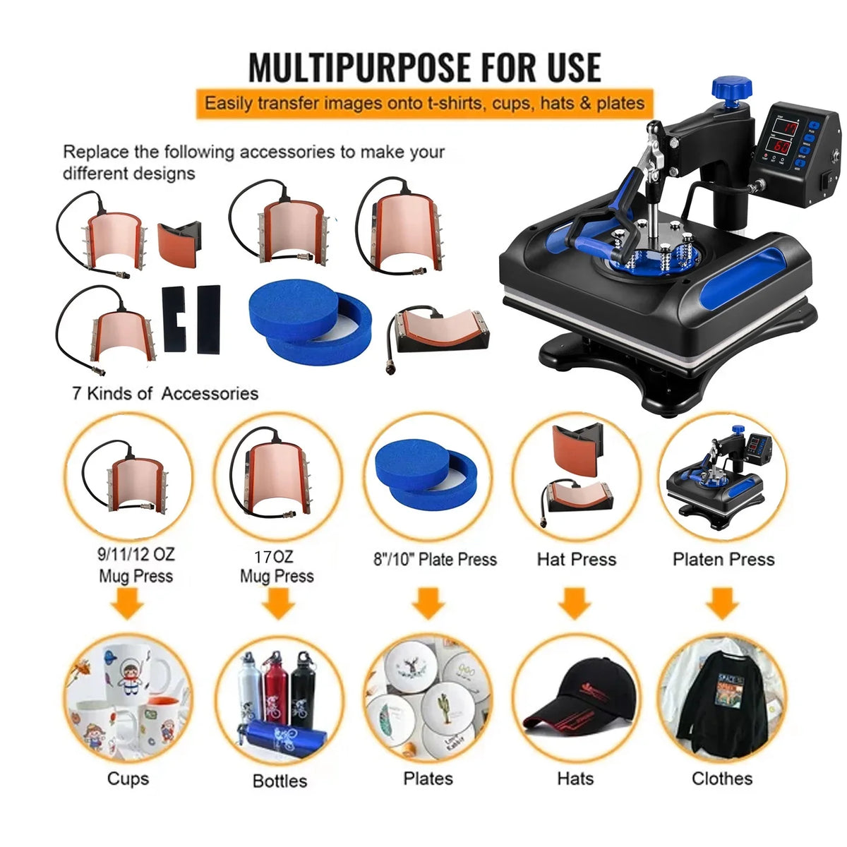 Blue Heat Press Machine 8 in 1, 15 x 15 Inches Sublimation Transfer Printer, Digital Precise LCD Control Printing, 360 Swing Away Vinyl Transfer Printer for T-Shirts, Canvas Bag, Pillow, Banner