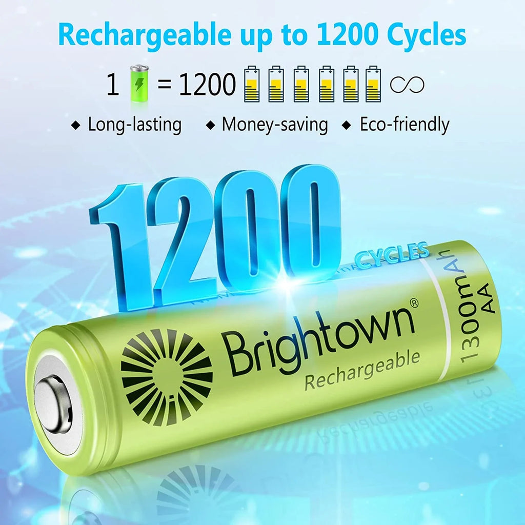 Brightown 12 Pack Rechargeable Battery AA, NiMH Pre Charged Double A Battery for Solar Lights and Household Devices, Recharge up to 1200 Cycles