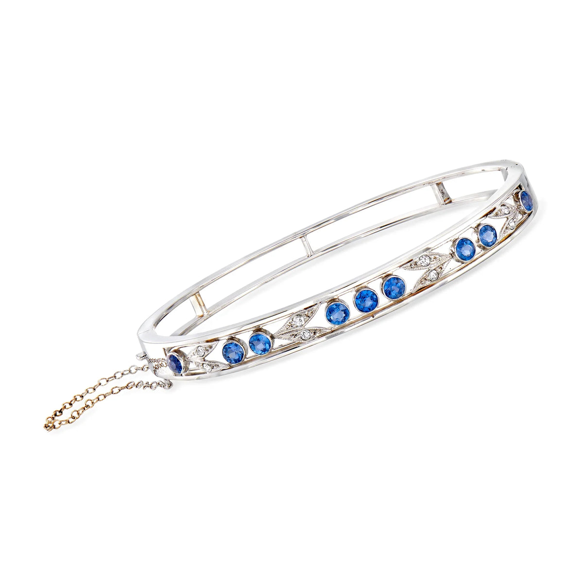 Ross-Simons C. 1940 Vintage 1.80 ct. t.w. Sapphire and .20 ct. t.w. Diamond Bangle Bracelet in 14kt White Gold, Women's, Adult, Pre-Owned