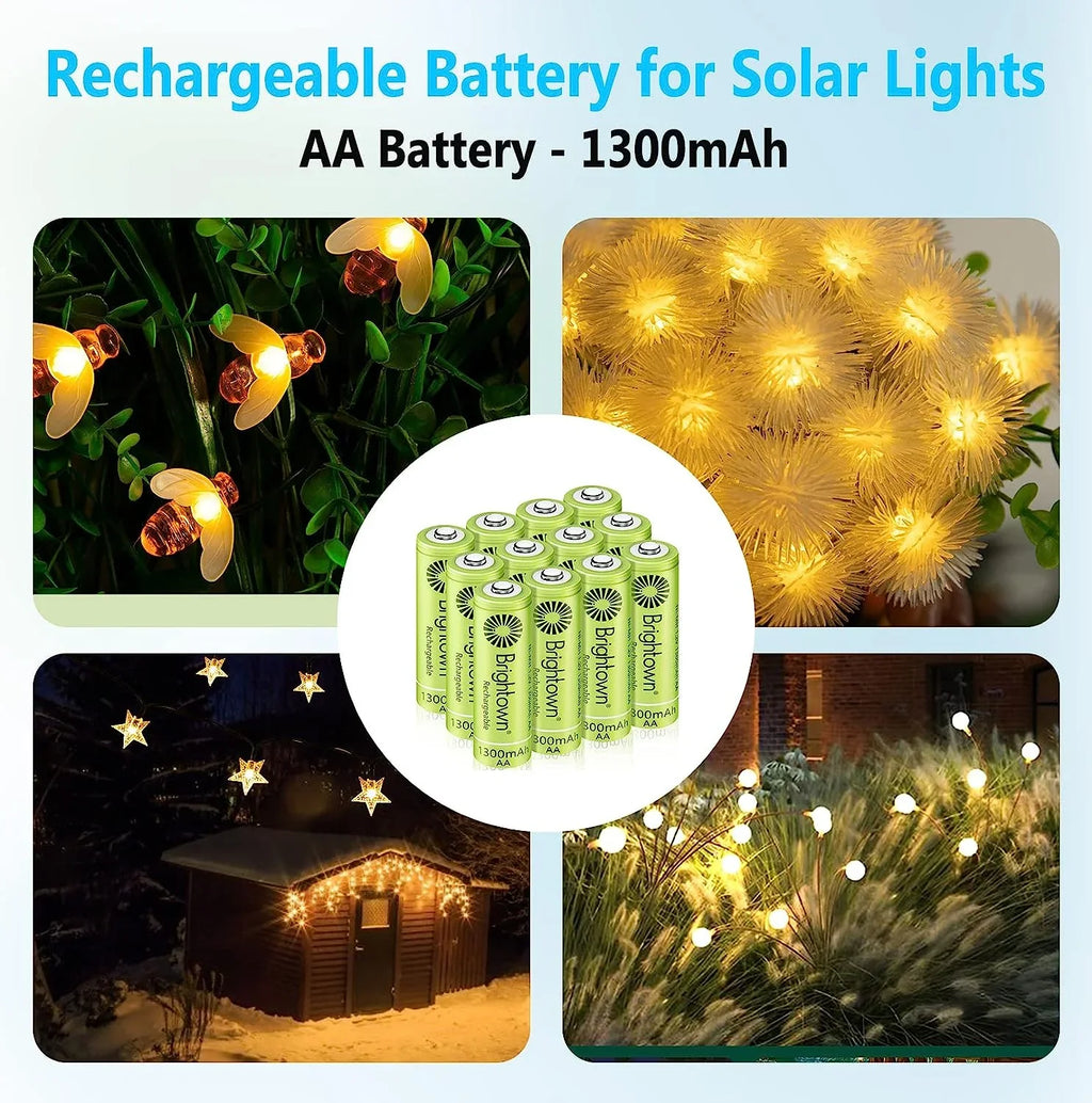 Brightown 12 Pack Rechargeable Battery AA, NiMH Pre Charged Double A Battery for Solar Lights and Household Devices, Recharge up to 1200 Cycles