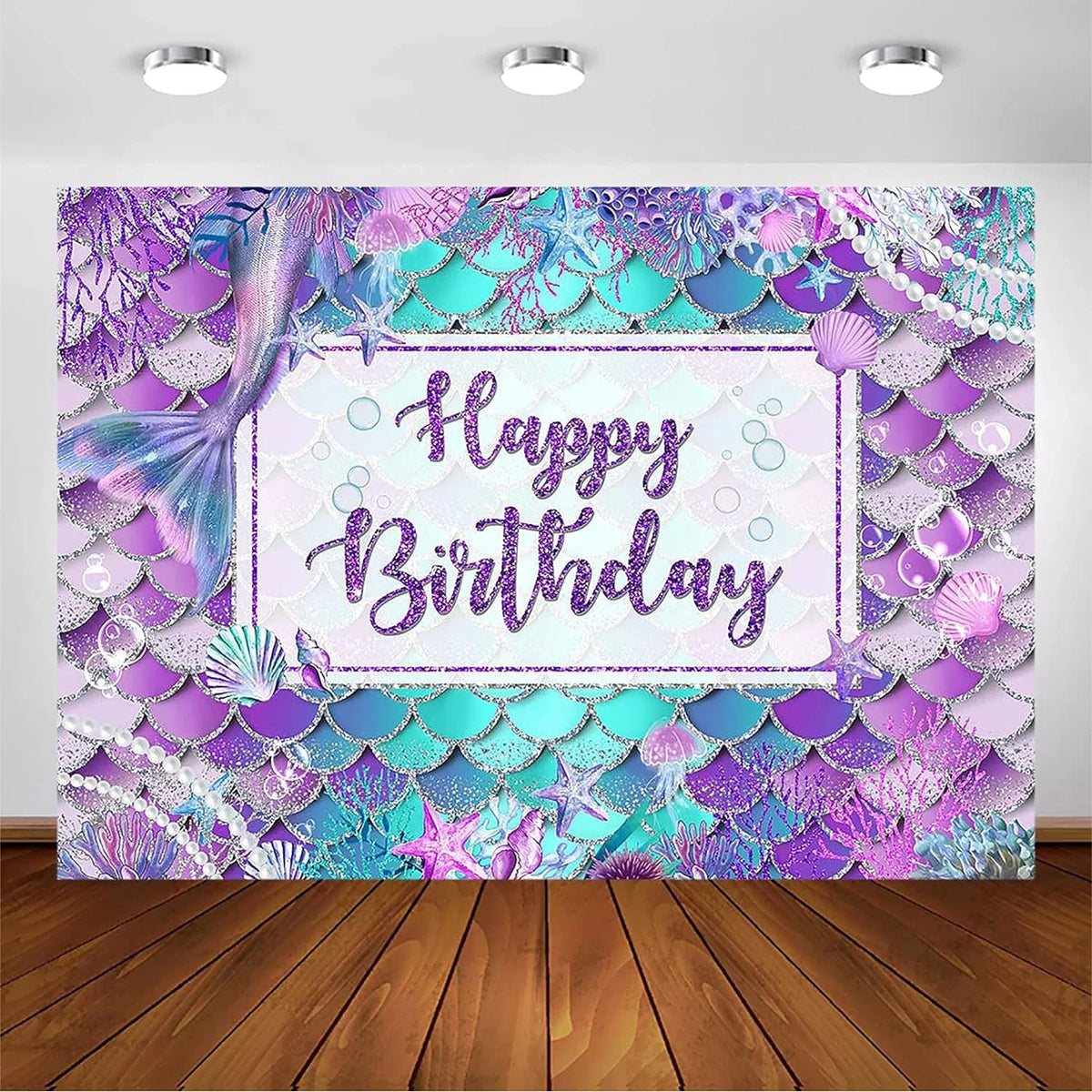 Mermaid Birthday Backdrop for Girl Under The Sea Bday Party Photography Background Glitter Purple Green Aqua
