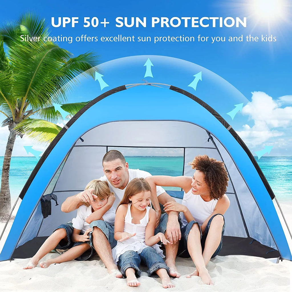 AKASO Beach Tent for 3-4 Person, UPF 50+ Assemble 7.4' x 4.7' Beach Tent, Blue