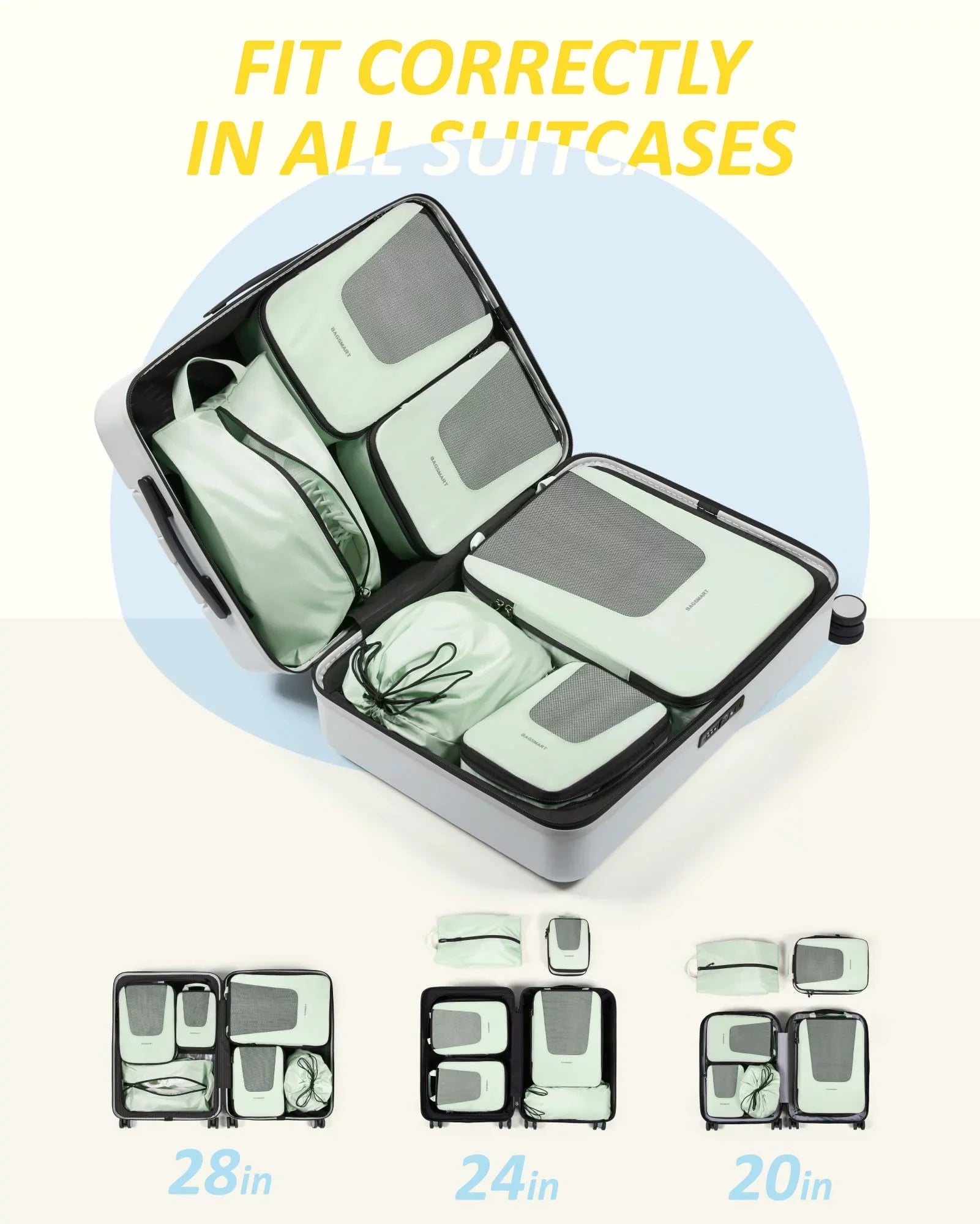 BAGSMART Packing Cubes for Travel, Compression Expandable 6 Pcs Luggage Packing Organizers Foldable Lightweight Suitcase Storage Bags for Travel Accessories, Green