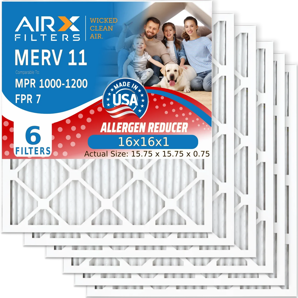 16x16x1 Air Filter MERV 11 Comparable to MPR 1000, MPR 1200 & FPR 7 Electrostatic Pleated Air Conditioner Filter 6 Pack HVAC Premium USA Made 16x16x1 Furnace Filters by AIRX FILTERS WICKED CLEAN AIR.