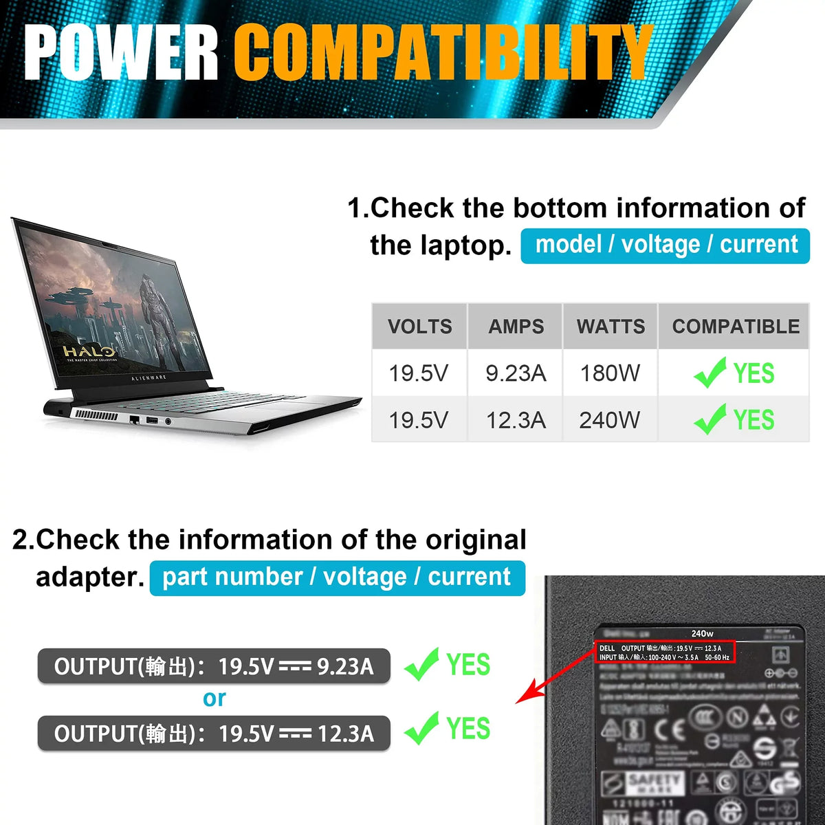 240W 180W AC Adapter Charger for Dell Alienware 13 15 17 R1 R2 R3 R4 Series,Dell Alienware X51 M17 M15 M17X M18X,Dell Precision 7710 7730 7520 M6700 M6800 PA-9E Laptop Charger Power Supply Cord