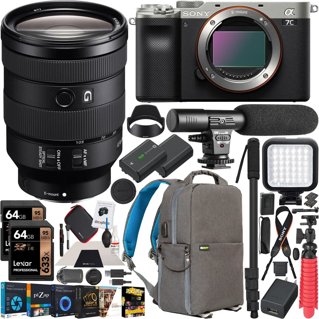 Sony a7C Mirrorless Full Frame Camera Body with Sony FE 24-105mm F4 G OSS Zoom Lens SEL24105G Silver ILCE7C/S Bundle with Deco Gear Photography Backpack Case , Software and Accessories