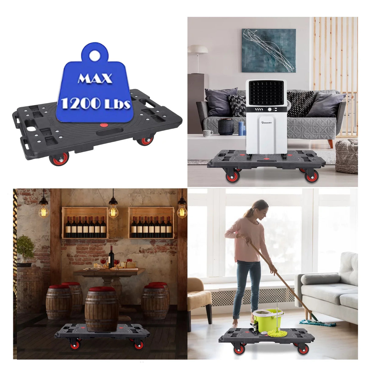 Homhougo—2PCS Portable Folding Hand Truck 330 Lbs Capacity 4 Rotate Wheels Transport Trolley Luggage Cart for Home Office Travel Black 2pcs
