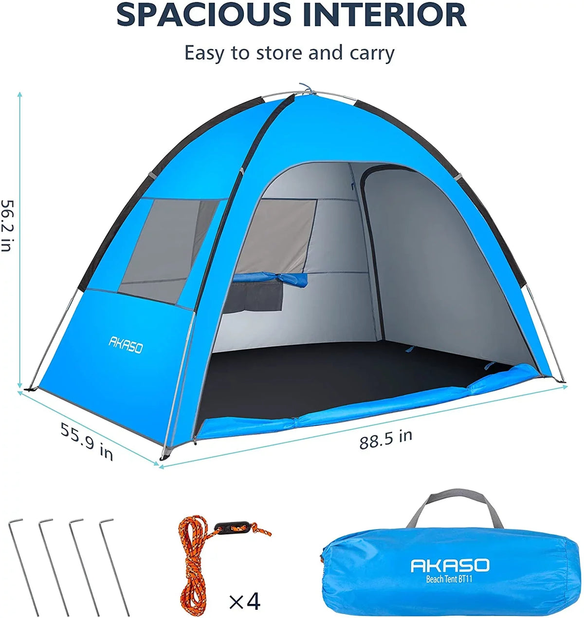 AKASO Beach Tent for 3-4 Person, UPF 50+ Assemble 7.4' x 4.7' Beach Tent, Blue