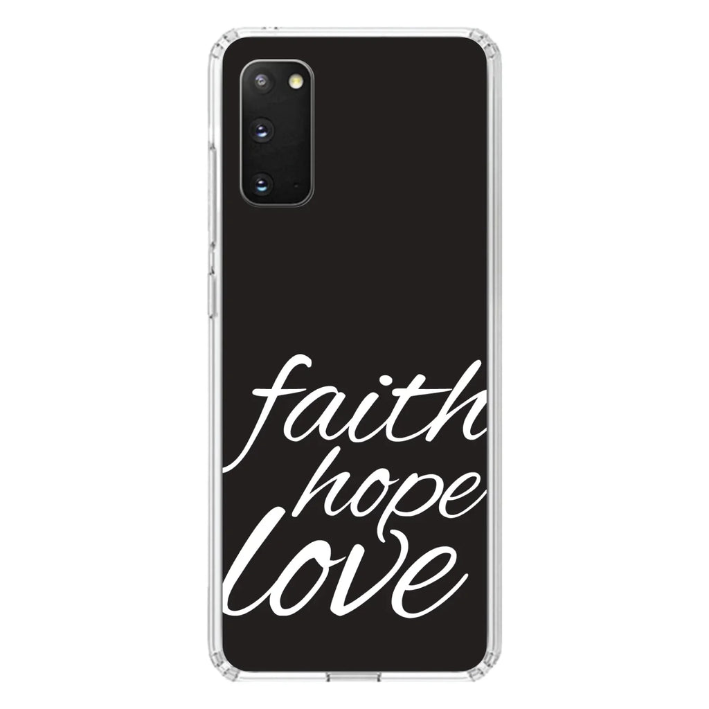 DistinctInk Clear Shockproof Hybrid Case for Galaxy S20 PLUS / 5G (6.7" Screen) - TPU Bumper, Acrylic Back, Tempered Glass Screen Protector - Faith / Hope / Love - Black & White - Christ