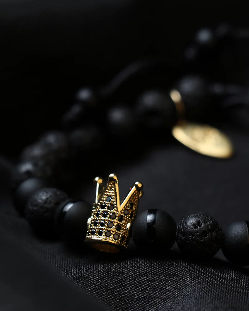 By Fabrizio Design Cagliari Adjustable Bracelet in Matte Onyx, Crown Charm, and Silver Volcanic Rock for Men & Women