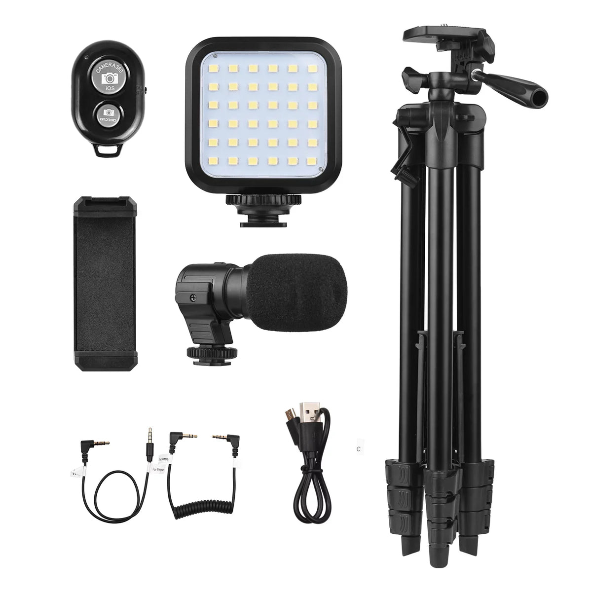 53-Inch Vlogging Kit with Tripod - Includes LED Light, Microphone, Smartphone Clip, and Remote Control for Video Recording, Microfilm Production, and Live Streaming