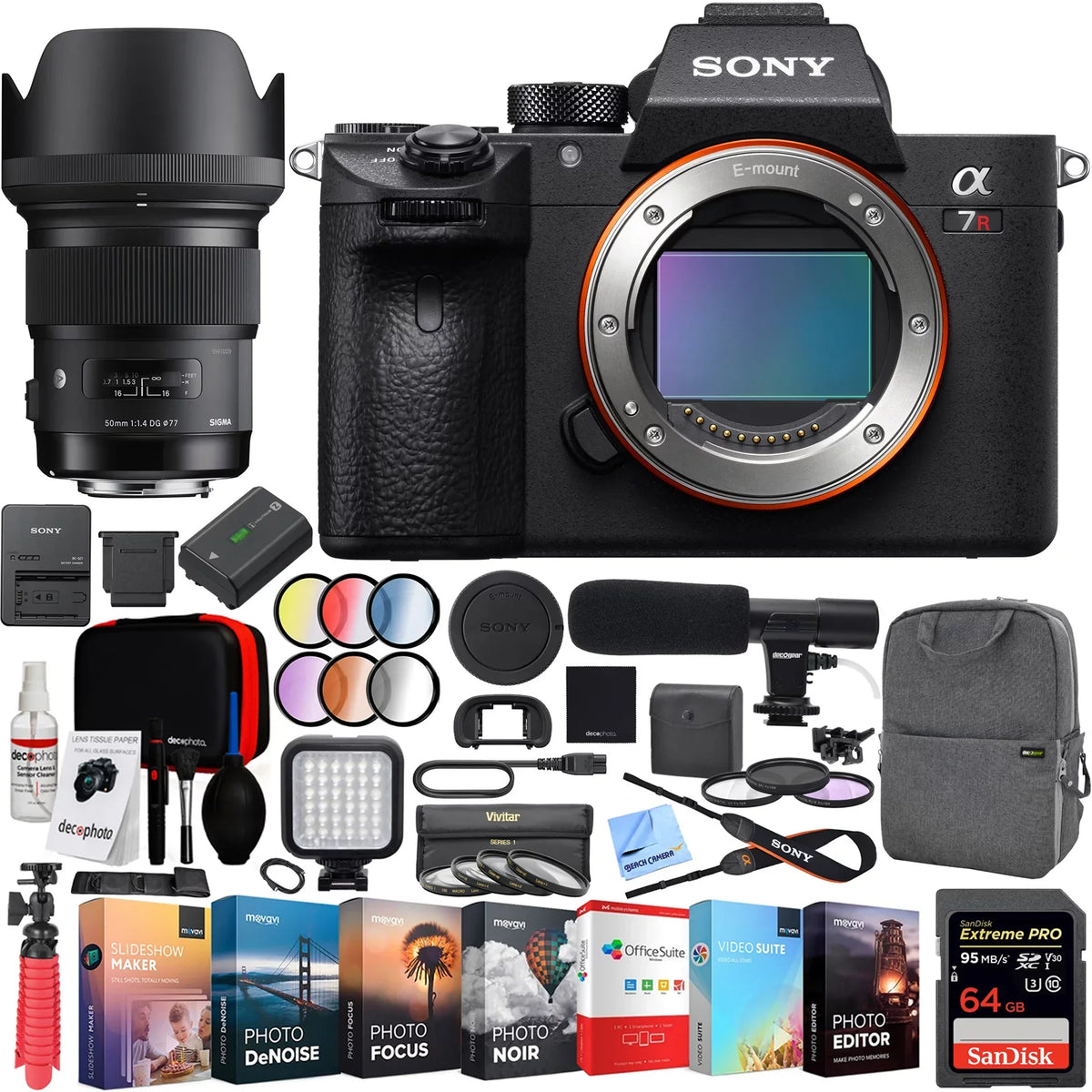 Sony a7R III 42.4MP Full-frame Mirrorless Interchangeable Lens Camera Body (ILCE7RM3/B) with Sigma 50mm F1.4 ART DG HSM E-mount Lens and Deco Gear Backpack Kit Microphone Editing Suite Bundle