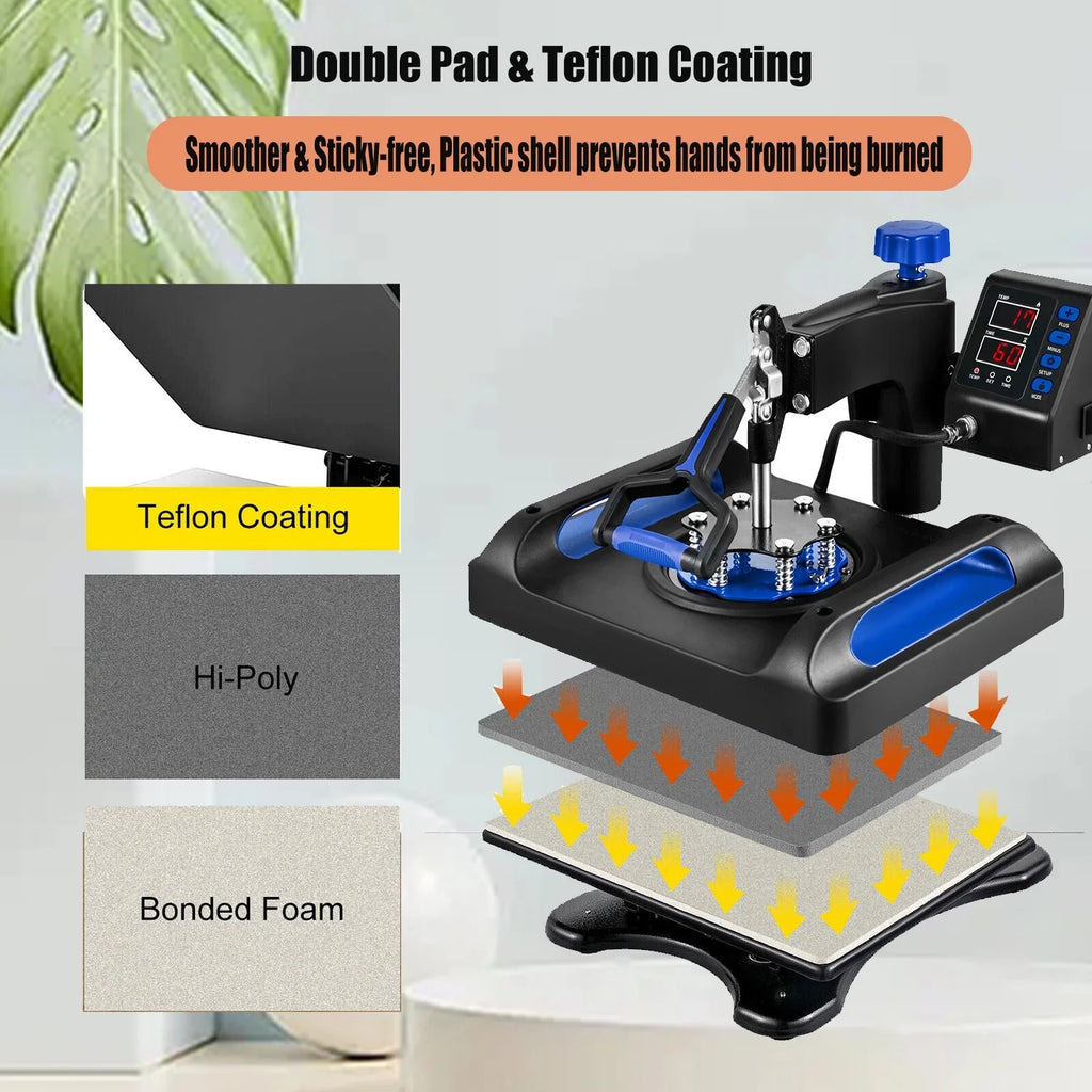 Blue Heat Press Machine 8 in 1, 15 x 15 Inches Sublimation Transfer Printer, Digital Precise LCD Control Printing, 360 Swing Away Vinyl Transfer Printer for T-Shirts, Canvas Bag, Pillow, Banner