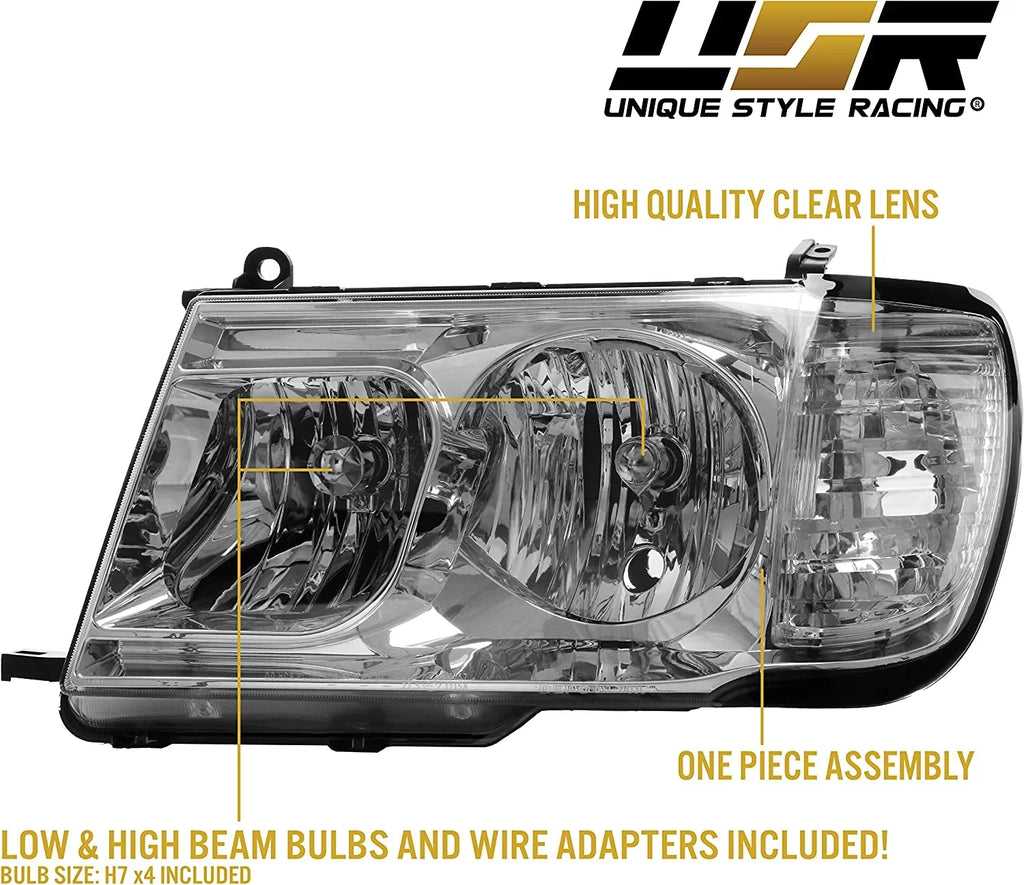 USR DEPO FJ100 Headlights - Headlamps Set (Left + Right) Compatible with 1998-2005 Toyota Land Cruiser FJ 100 (Euro Style with Clear Corner ONE Piece Design)