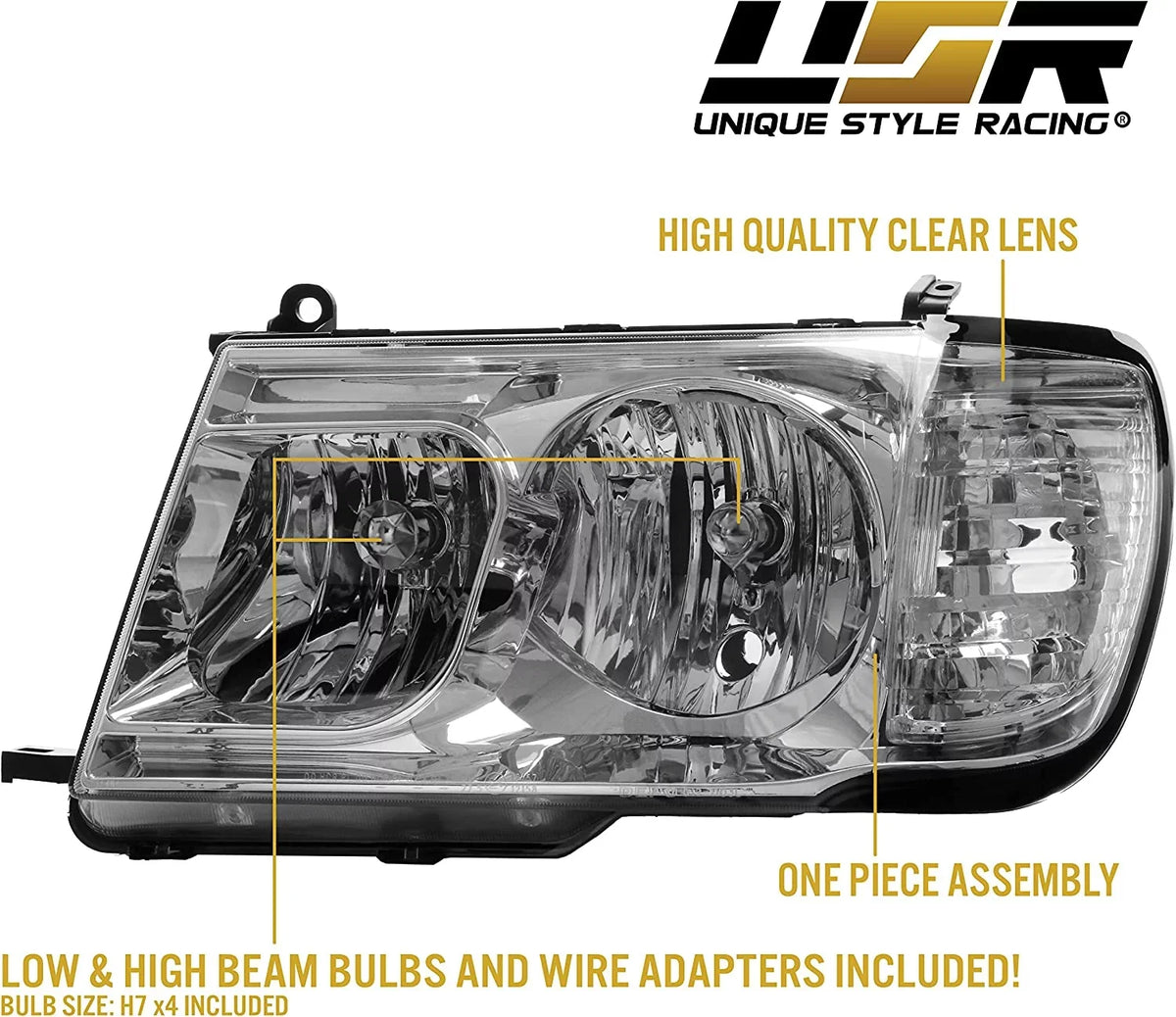 USR DEPO FJ100 Headlights - Headlamps Set (Left + Right) Compatible with 1998-2005 Toyota Land Cruiser FJ 100 (Euro Style with Clear Corner ONE Piece Design)