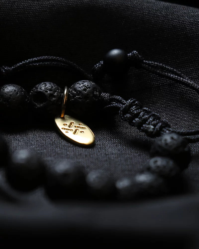 By Fabrizio Design Cagliari Adjustable Bracelet in Matte Onyx, Crown Charm, and Silver Volcanic Rock for Men & Women