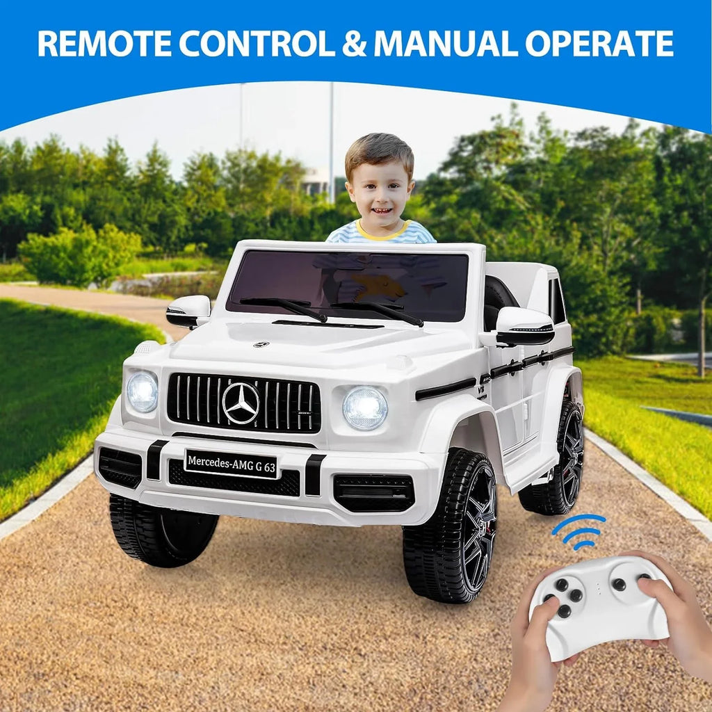 12V Kids Ride on Car, Licensed Mercedes Benz G63 Electric Car w/Remote Control, Music, Spring Suspension, LED Light, Bluetooth, Horn, AUX, Safety Lock Battery Powered Electric Vehicle, White