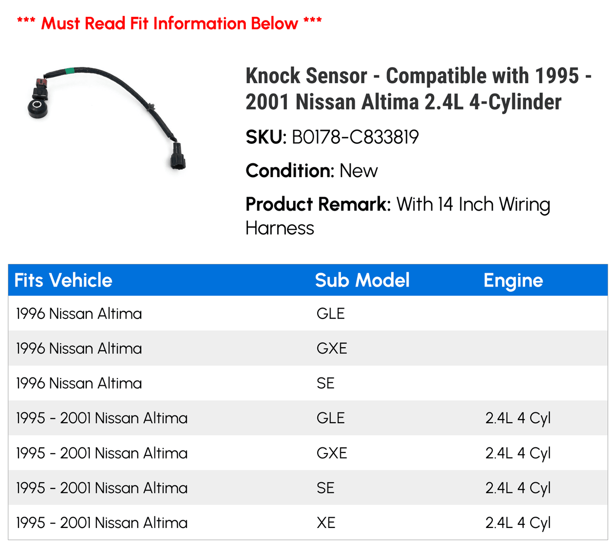 Knock Sensor - Compatible with 1995 - 2001 Nissan Altima 2.4L 4-Cylinder 1996 1997 1998 1999 2000
