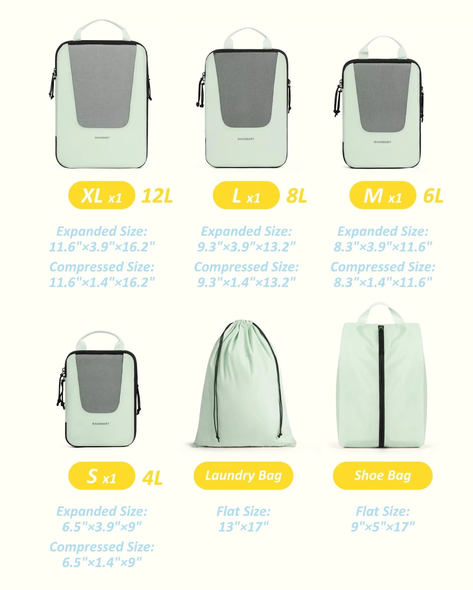 BAGSMART Packing Cubes for Travel, Compression Expandable 6 Pcs Luggage Packing Organizers Foldable Lightweight Suitcase Storage Bags for Travel Accessories, Green