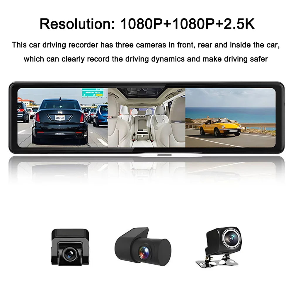 OWSOO 3 Cameras Dash Cam 12in 2.5K Clear Car Rearview Mirror Car Video Recording Touched Screen Car Recorder Carplay Auto Driving Recorder