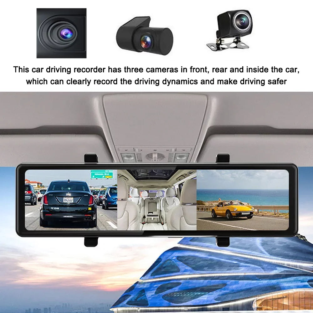 OWSOO 3 Cameras Dash Cam 12in 2.5K Clear Car Rearview Mirror Car Video Recording Touched Screen Car Recorder Carplay Auto Driving Recorder