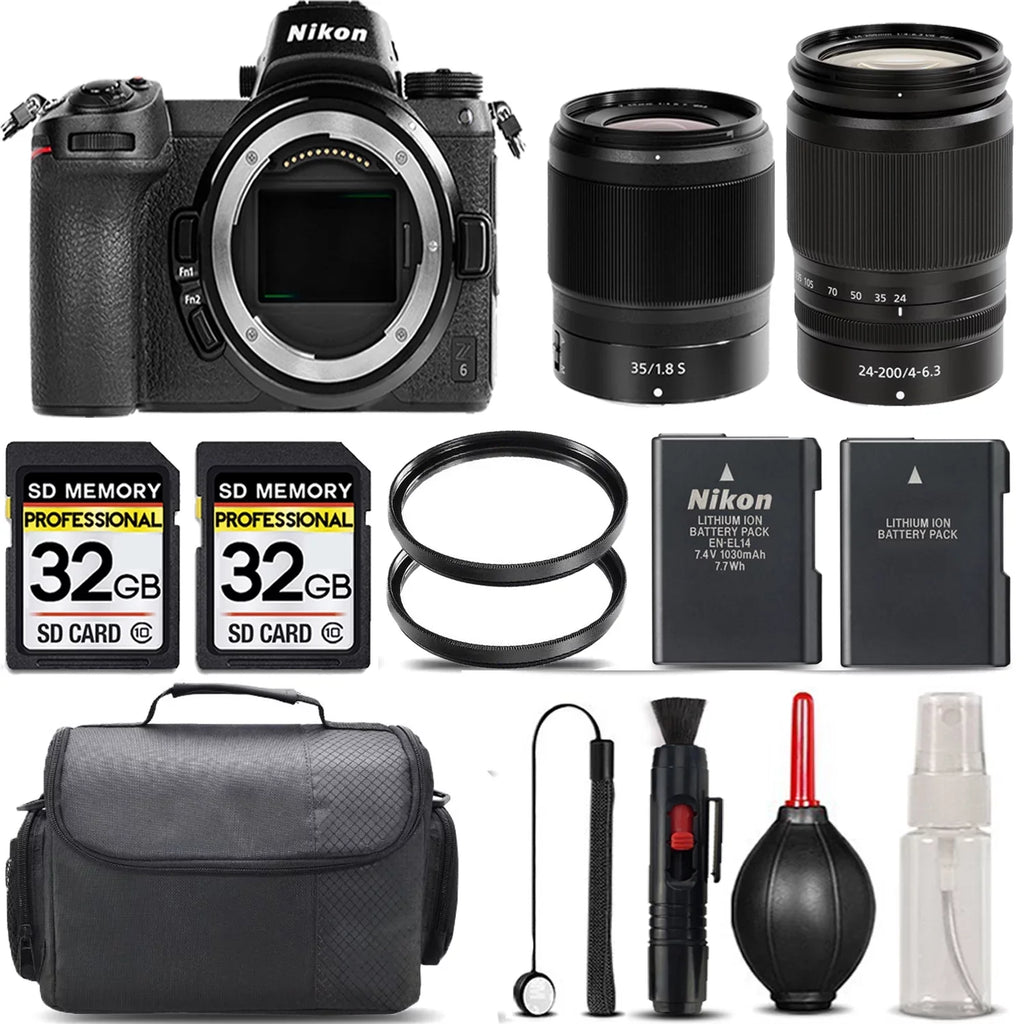 Nikon Z6 Mirrorless with 24-200mm f/4-6.3 VR Lens + 35mm f/1.8 S Lens + 64GB Storage + UV Filter + Backup Battery + Case + Cleaning Kit - International Version