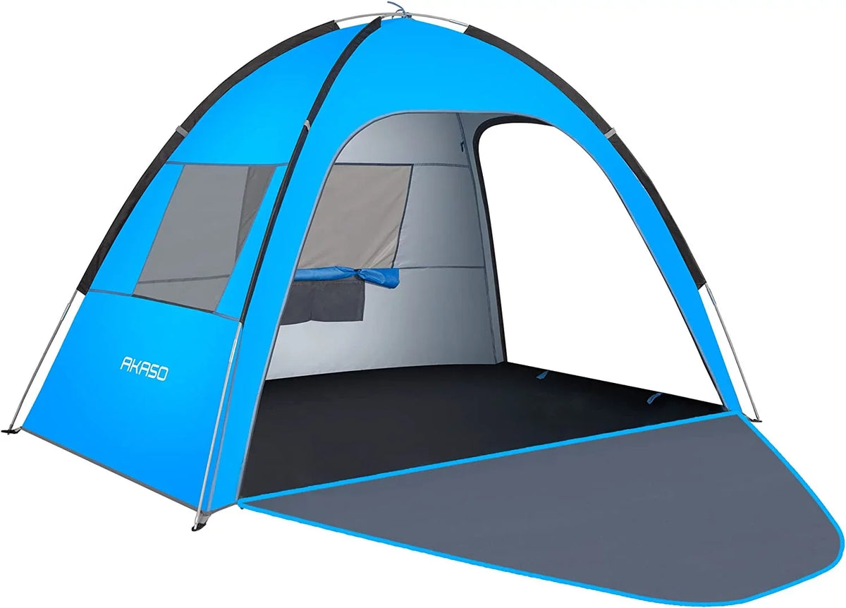 AKASO Beach Tent for 3-4 Person, UPF 50+ Assemble 7.4' x 4.7' Beach Tent, Blue