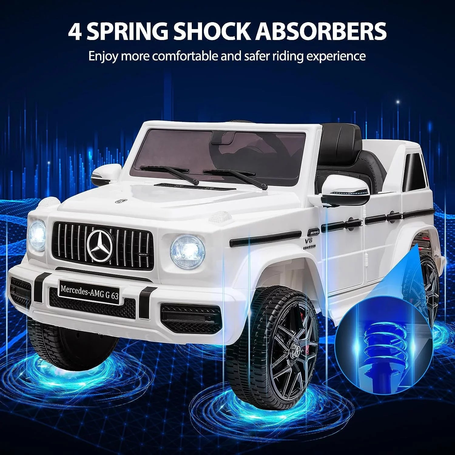12V Kids Ride on Car, Licensed Mercedes Benz G63 Electric Car w/Remote Control, Music, Spring Suspension, LED Light, Bluetooth, Horn, AUX, Safety Lock Battery Powered Electric Vehicle, White