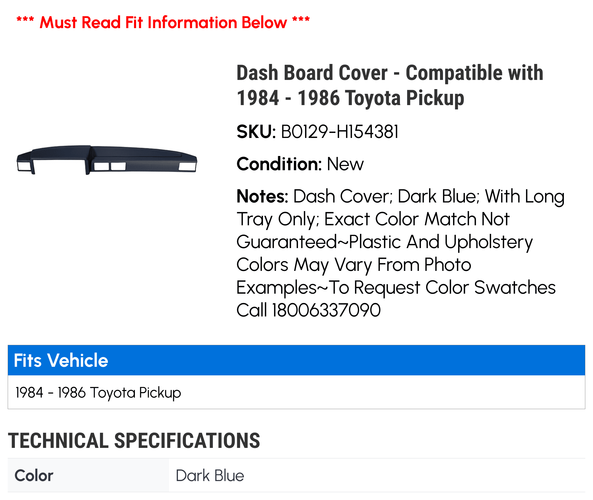 Dash Board Cover - Compatible with 1984 - 1986 Toyota Pickup 1985