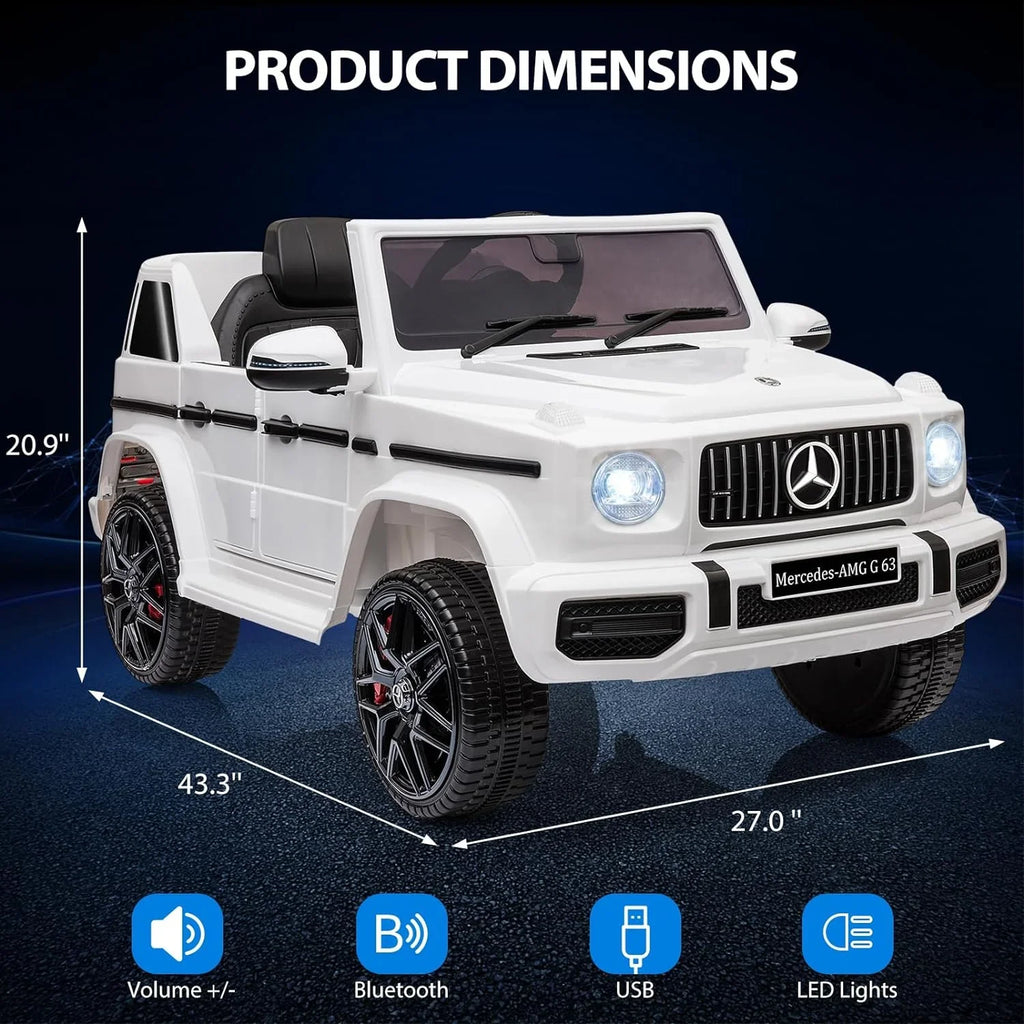 12V Kids Ride on Car, Licensed Mercedes Benz G63 Electric Car w/Remote Control, Music, Spring Suspension, LED Light, Bluetooth, Horn, AUX, Safety Lock Battery Powered Electric Vehicle, White