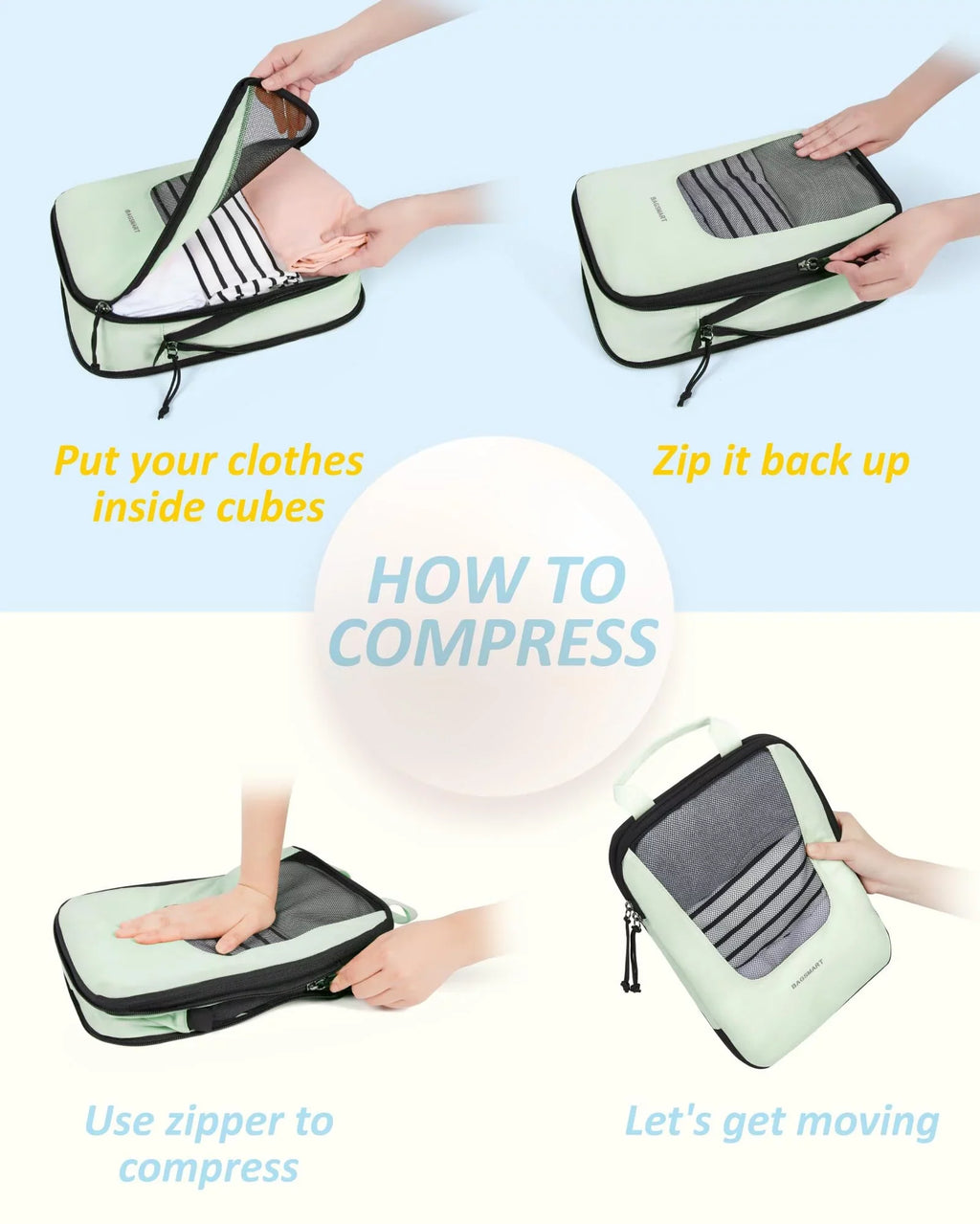 BAGSMART Packing Cubes for Travel, Compression Expandable 6 Pcs Luggage Packing Organizers Foldable Lightweight Suitcase Storage Bags for Travel Accessories, Green