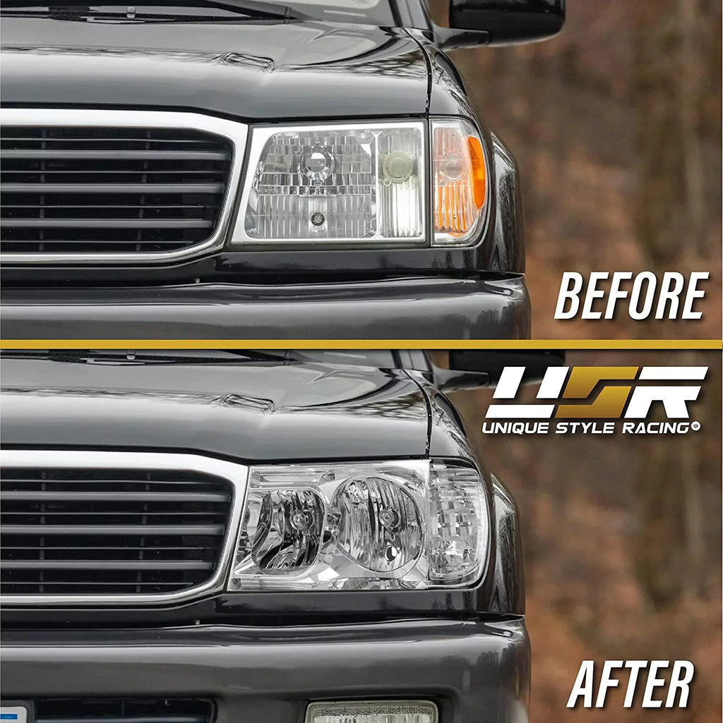 USR DEPO FJ100 Headlights - Headlamps Set (Left + Right) Compatible with 1998-2005 Toyota Land Cruiser FJ 100 (Euro Style with Clear Corner ONE Piece Design)