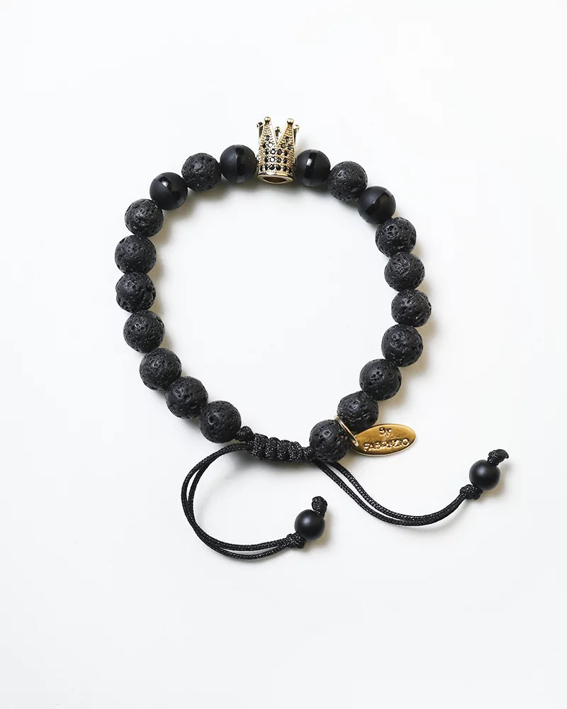 By Fabrizio Design Cagliari Adjustable Bracelet in Matte Onyx, Crown Charm, and Silver Volcanic Rock for Men & Women
