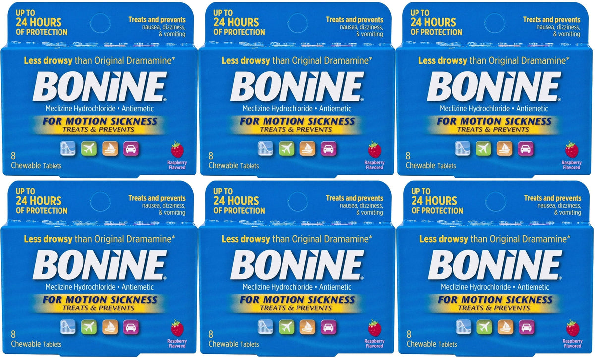 Bonine For Motion Sickness Chewable Tablets, Raspberry Flavored - 8 ea, 6 Pack