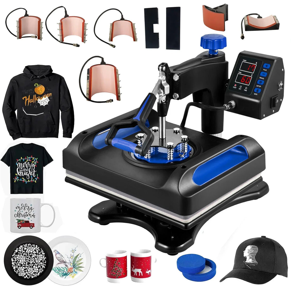 Blue Heat Press Machine 8 in 1, 15 x 15 Inches Sublimation Transfer Printer, Digital Precise LCD Control Printing, 360 Swing Away Vinyl Transfer Printer for T-Shirts, Canvas Bag, Pillow, Banner