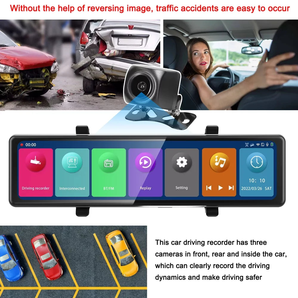 OWSOO 3 Cameras Dash Cam 12in 2.5K Clear Car Rearview Mirror Car Video Recording Touched Screen Car Recorder Carplay Auto Driving Recorder