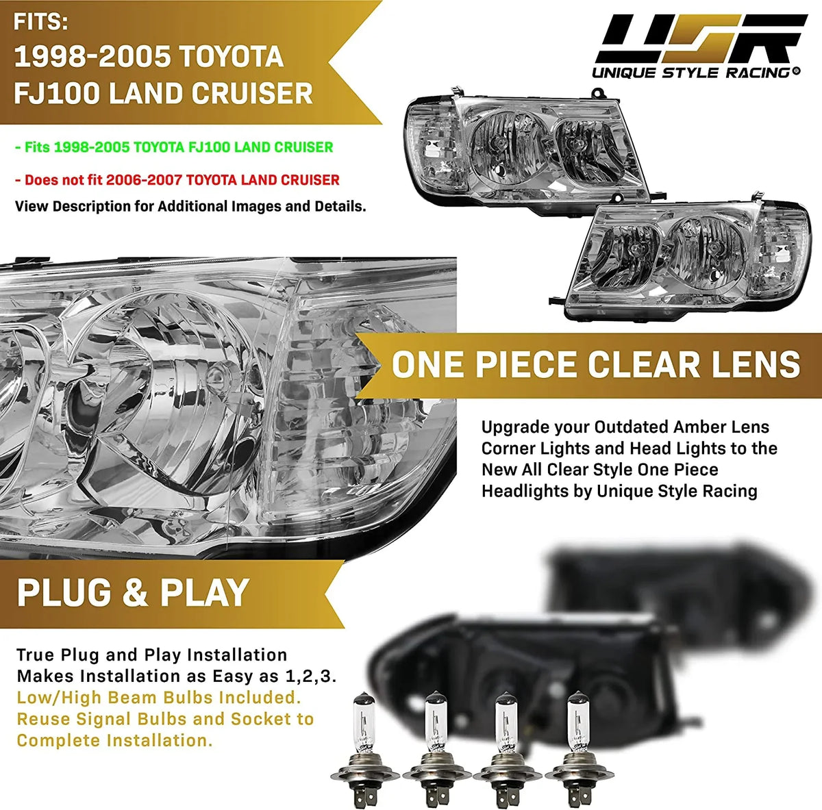 USR DEPO FJ100 Headlights - Headlamps Set (Left + Right) Compatible with 1998-2005 Toyota Land Cruiser FJ 100 (Euro Style with Clear Corner ONE Piece Design)