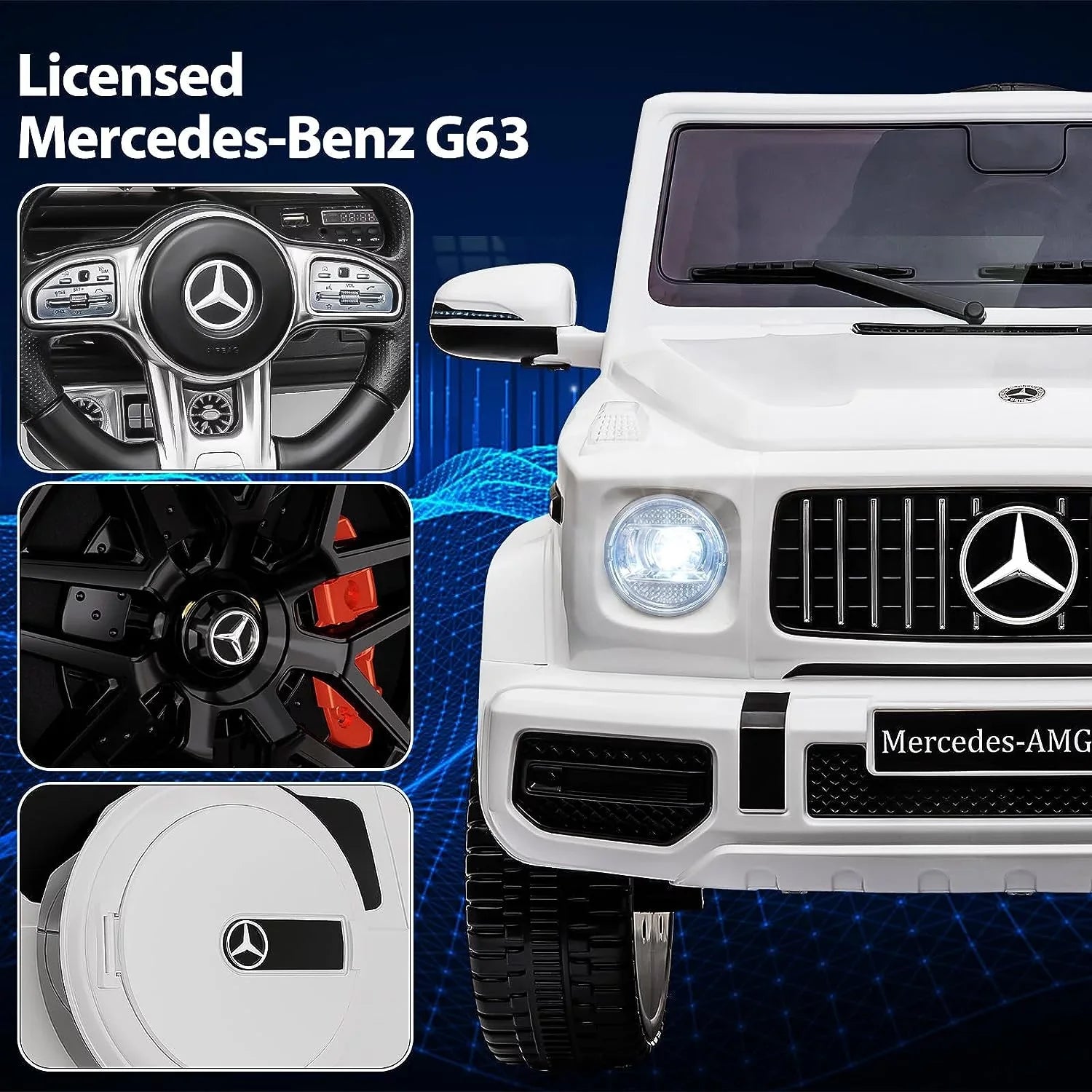 12V Kids Ride on Car, Licensed Mercedes Benz G63 Electric Car w/Remote Control, Music, Spring Suspension, LED Light, Bluetooth, Horn, AUX, Safety Lock Battery Powered Electric Vehicle, White
