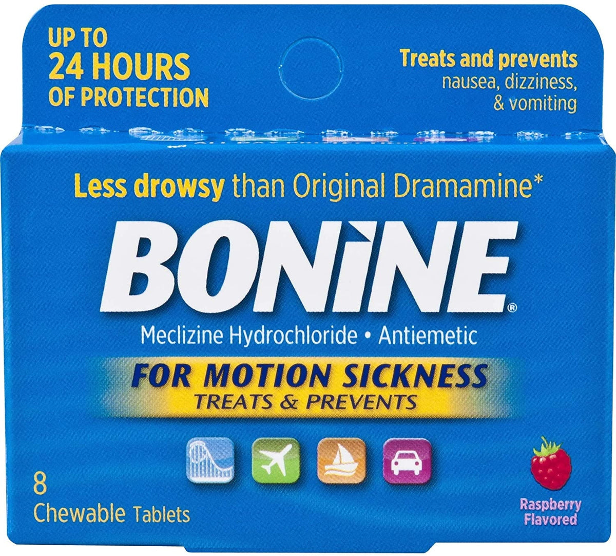 Bonine For Motion Sickness Chewable Tablets, Raspberry Flavored - 8 ea, 6 Pack