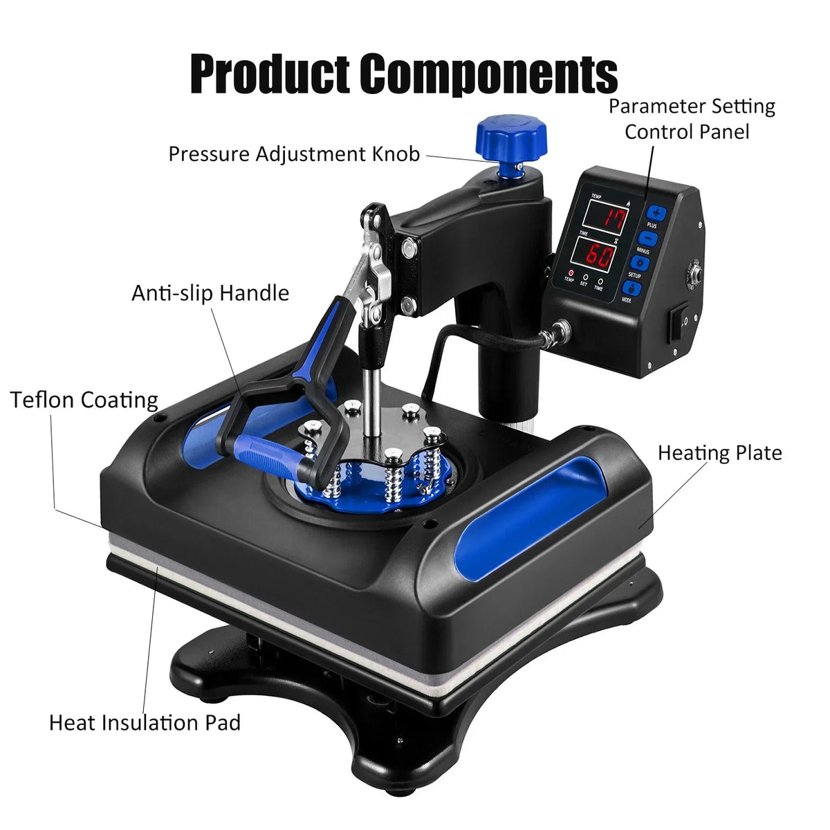 Blue Heat Press Machine 8 in 1, 15 x 15 Inches Sublimation Transfer Printer, Digital Precise LCD Control Printing, 360 Swing Away Vinyl Transfer Printer for T-Shirts, Canvas Bag, Pillow, Banner